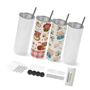 Sublimation Tumblers, 4 Pack, 20 oz Skinny Straight Tumblers Bulk, Stainless Steel Sublimation Cups with Lids and Straws, Double Wall Insulated Tumbler Blank, for DIY Personalized Customization