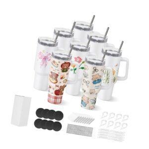 Sublimation Tumblers, 8 Pack, 40 oz Tumblers Bulk with Handle, Stainless Steel Sublimation Cups with Lids and Straws, Double Wall Insulated Tumbler Blank, for DIY Personalized Customization