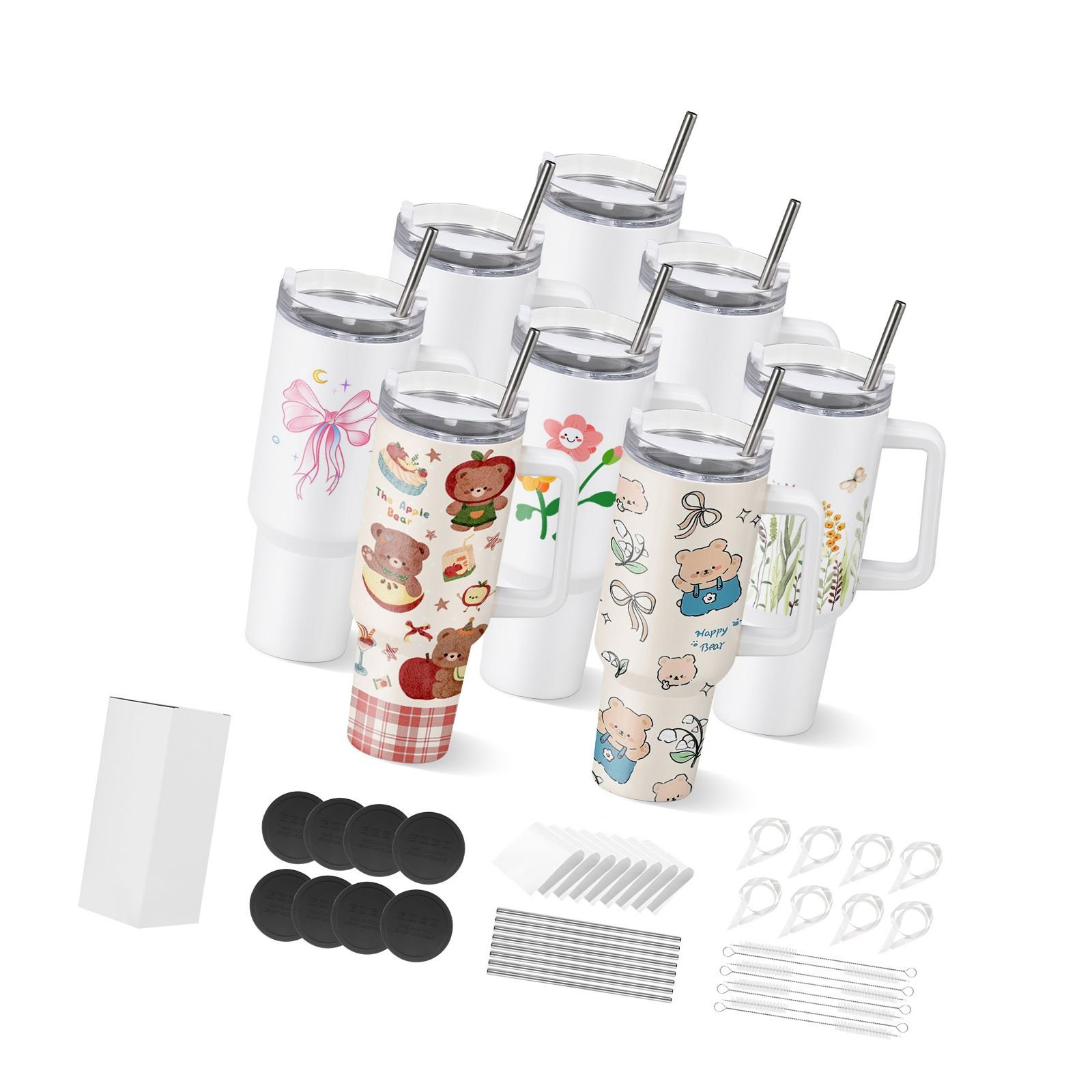 sublimation tumblers, 8 pack, 40 oz tumblers bulk with handle, stainless steel sublimation cups with lids and straws, double wall insulated tumbler blank, for diy personalized customization