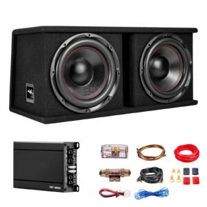 Subwoofer Bass Package, 12 in, 1200W RMS, Dual Car Audio Subwoofer and Amp Package, with Loaded Enclosure, Separate Amplifier, and Wiring Kit, for Various Vehicles Trunks, Car Audio Systems