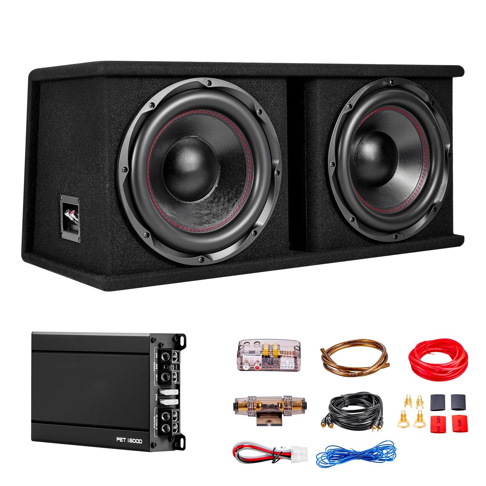subwoofer bass package, 12 in, 1200w rms, dual car audio subwoofer and amp package, with loaded enclosure, separate amplifier, and wiring kit, for various vehicles trunks, car audio systems