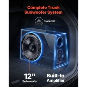 subwoofer bass package, 12 in, 245w rms, complete car audio subwoofer and amp package, with loaded enclosure, built in amplifier, and wiring kit, slim trapezoid , compact for car audio systems