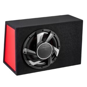 Subwoofer Bass Package, 12 in, 245W RMS, Complete Car Audio Subwoofer and Amp Package, with Loaded Enclosure, Built-in Amplifier, and Wiring Kit, Slim Trapezoid , Compact for Car Audio Systems