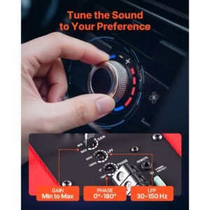 subwoofer bass package, 12 in, 245w rms, complete car audio subwoofer and amp package, with loaded enclosure, built in amplifier, and wiring kit, slim trapezoid , compact for car audio systems