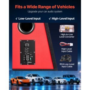 subwoofer bass package, 12 in, 245w rms, complete car audio subwoofer and amp package, with loaded enclosure, built in amplifier, and wiring kit, slim trapezoid , compact for car audio systems