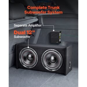 subwoofer bass package, 12 in, 490w rms, dual car audio subwoofer and amp package, with loaded enclosure, separate amplifier, and wiring kit, for various vehicles trunks, car audio systems