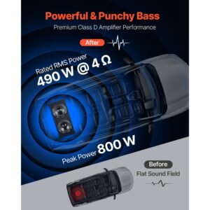 subwoofer bass package, 12 in, 490w rms, dual car audio subwoofer and amp package, with loaded enclosure, separate amplifier, and wiring kit, for various vehicles trunks, car audio systems