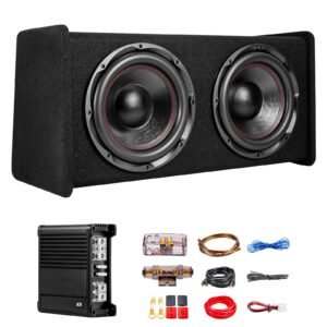 Subwoofer Bass Package, 12 in, 490W RMS, Dual Car Audio Subwoofer and Amp Package, with Loaded Enclosure, Separate Amplifier, and Wiring Kit, for Various Vehicles Trunks, Car Audio Systems