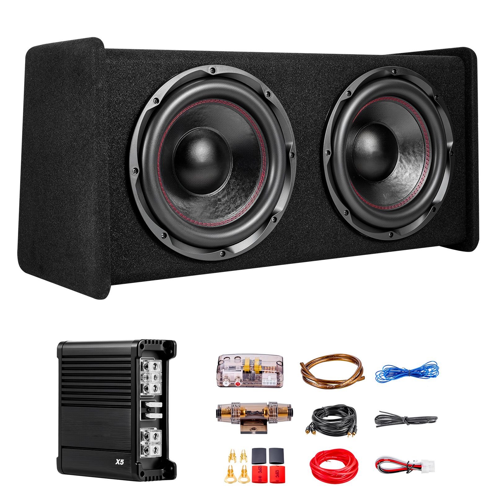 subwoofer bass package, 12 in, 490w rms, dual car audio subwoofer and amp package, with loaded enclosure, separate amplifier, and wiring kit, for various vehicles trunks, car audio systems