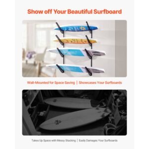 surfboard wall mount, 4 tiers horizontal surfboard rack for storage and display, adjustable height metal board stand organizer, surf board holder for snowboards, kiteboards, shortboard, skis