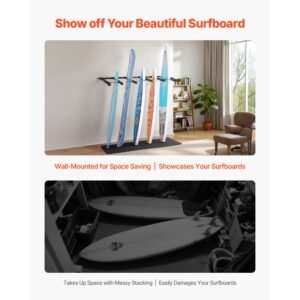 surfboard wall mount, 5 tiers vertical surfboard rack for storage and display, adjustable metal board stand organizer with sponge pad, surf board holder for snowboards, kiteboards, shortboard