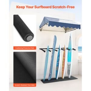 surfboard wall mount, 5 tiers vertical surfboard rack for storage and display, adjustable metal board stand organizer with sponge pad, surf board holder for snowboards, kiteboards, shortboard