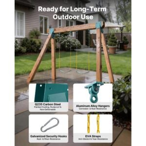 swing set brackets, heavy duty a frame set hardware, with 2 a frame swing brackets & 2 seats & 4 hangers, for playground backyard park equipment mounting parts outdoor, hardware included, green