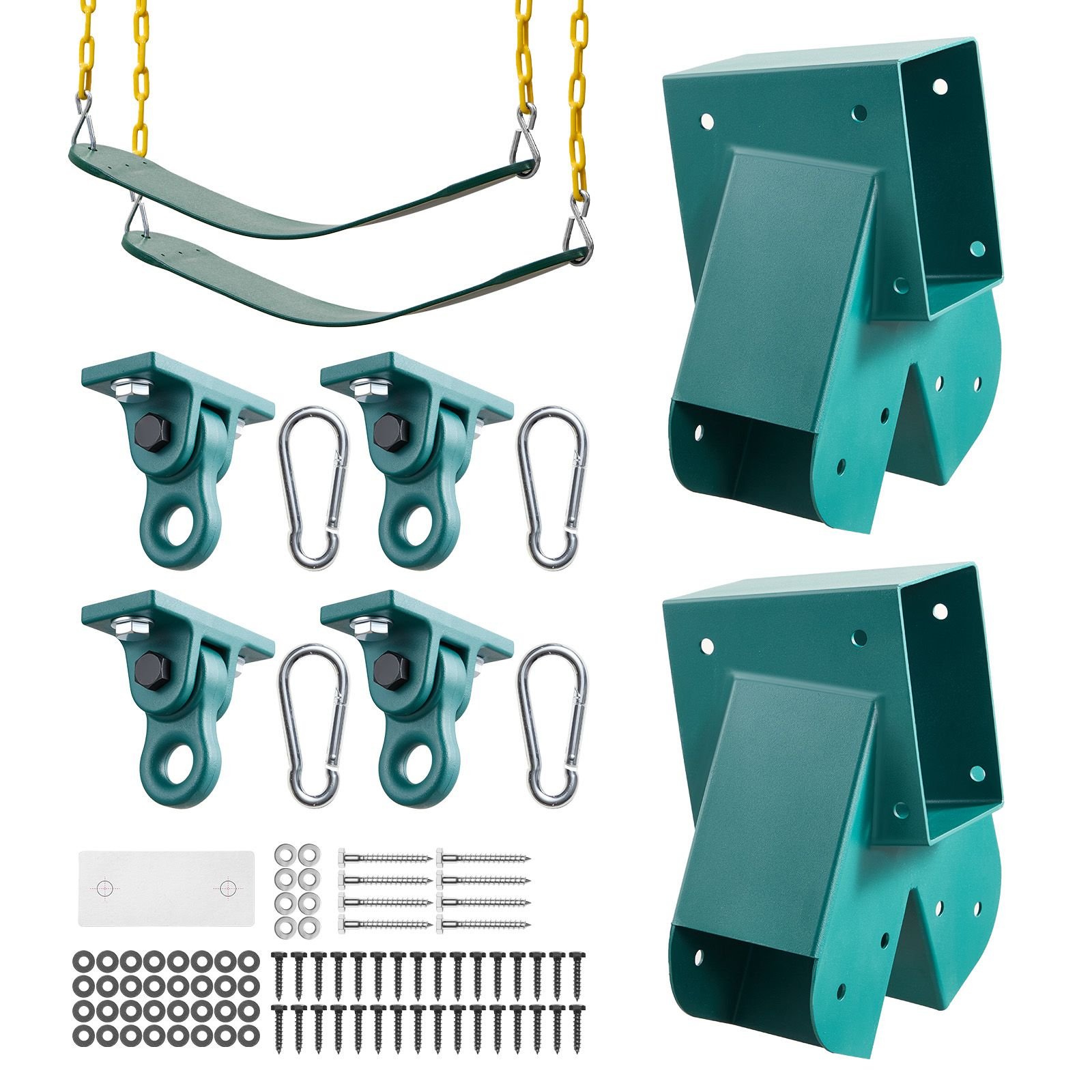 swing set brackets, heavy duty a frame set hardware, with 2 a frame swing brackets & 2 seats & 4 hangers, for playground backyard park equipment mounting parts outdoor, hardware included, green