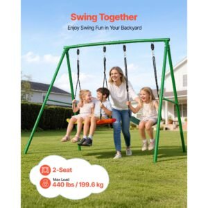swing set for backyard, 32 in saucer swing seat and belt seat, with heavy duty a frame metal stand, 440 lbs load capacity, reinforced with spiral ground anchors, swingset outdoor for kids