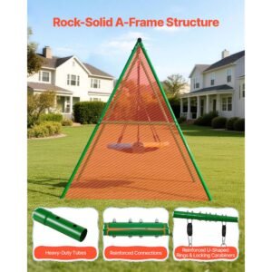 swing set for backyard, 32 in saucer swing seat and belt seat, with heavy duty a frame metal stand, 440 lbs load capacity, reinforced with spiral ground anchors, swingset outdoor for kids