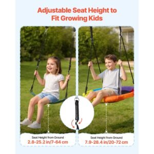 swing set for backyard, 32 in saucer swing seat and belt seat, with heavy duty a frame metal stand, 440 lbs load capacity, reinforced with spiral ground anchors, swingset outdoor for kids