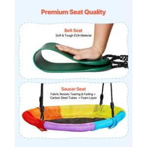 swing set for backyard, 32 in saucer swing seat and belt seat, with heavy duty a frame metal stand, 440 lbs load capacity, reinforced with spiral ground anchors, swingset outdoor for kids