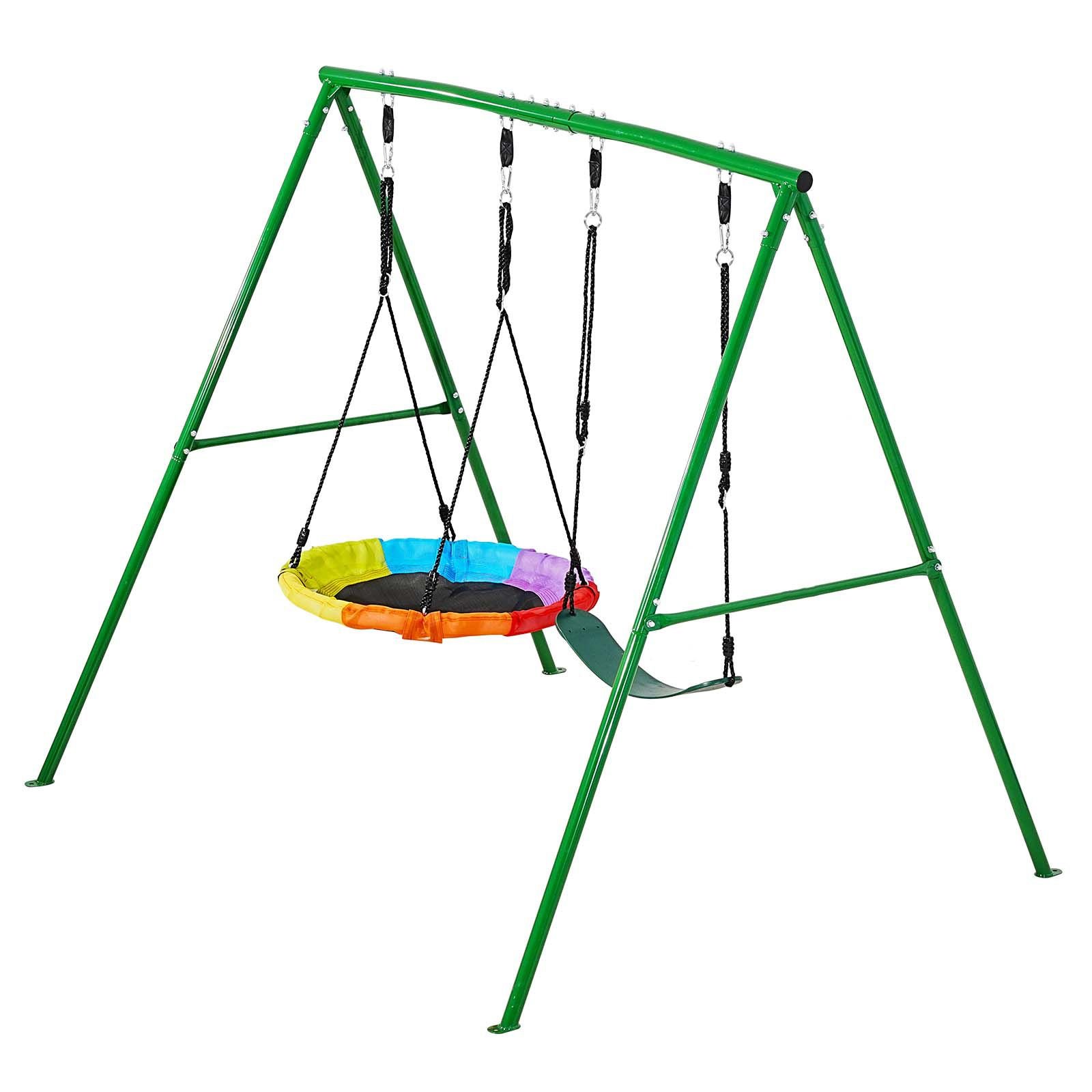 swing set for backyard, 32 in saucer swing seat and belt seat, with heavy duty a frame metal stand, 440 lbs load capacity, reinforced with spiral ground anchors, swingset outdoor for kids