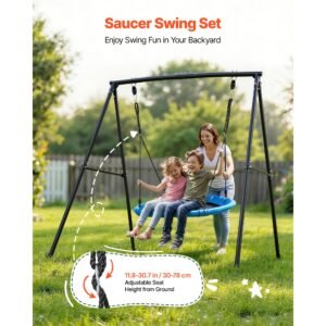swing set for backyard, 40 in saucer swing seat with heavy duty a frame metal stand, 440 lbs load capacity, reinforced with spiral ground anchors, swingset outdoor for kids, black and blue