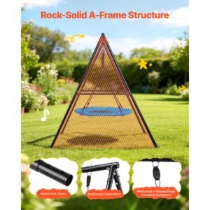swing set for backyard, 40 in saucer swing seat with heavy duty a frame metal stand, 440 lbs load capacity, reinforced with spiral ground anchors, swingset outdoor for kids, black and blue