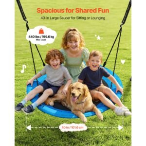 swing set for backyard, 40 in saucer swing seat with heavy duty a frame metal stand, 440 lbs load capacity, reinforced with spiral ground anchors, swingset outdoor for kids, black and blue