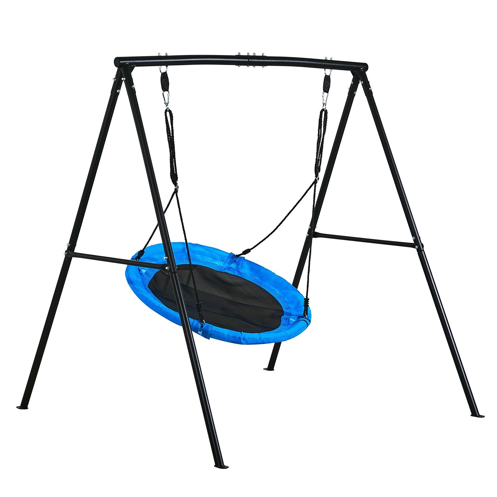 swing set for backyard, 40 in saucer swing seat with heavy duty a frame metal stand, 440 lbs load capacity, reinforced with spiral ground anchors, swingset outdoor for kids, black and blue