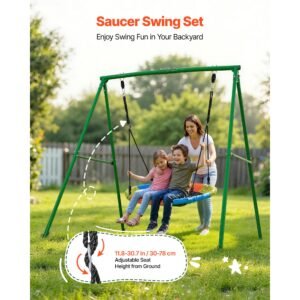 swing set for backyard, 40 in saucer swing seat with heavy duty a frame metal stand, 440 lbs load capacity, reinforced with spiral ground anchors, swingset outdoor for kids, green and colorful