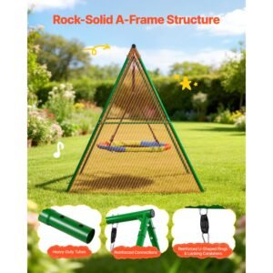 swing set for backyard, 40 in saucer swing seat with heavy duty a frame metal stand, 440 lbs load capacity, reinforced with spiral ground anchors, swingset outdoor for kids, green and colorful