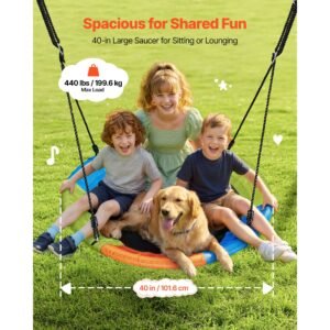 swing set for backyard, 40 in saucer swing seat with heavy duty a frame metal stand, 440 lbs load capacity, reinforced with spiral ground anchors, swingset outdoor for kids, green and colorful