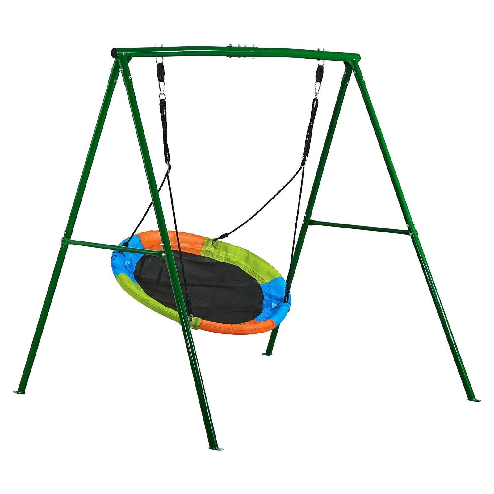swing set for backyard, 40 in saucer swing seat with heavy duty a frame metal stand, 440 lbs load capacity, reinforced with spiral ground anchors, swingset outdoor for kids, green and colorful
