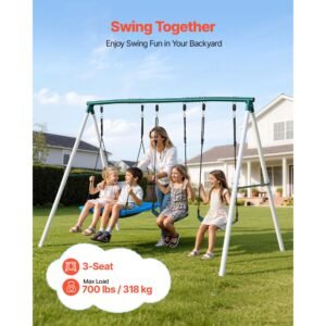 swing set for backyard, 45 x 30 in swing seat and two belt seats, with heavy duty a frame metal stand, 700 lbs load capacity, reinforced with spiral ground anchors, swingset outdoor for kids