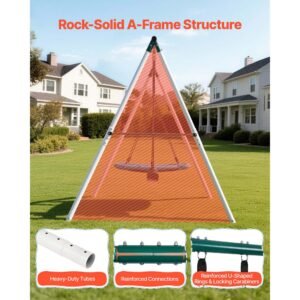 swing set for backyard, 45 x 30 in swing seat and two belt seats, with heavy duty a frame metal stand, 700 lbs load capacity, reinforced with spiral ground anchors, swingset outdoor for kids
