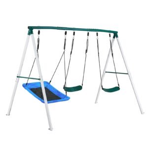 Swing Set for Backyard, 45 x 30 in Swing Seat and Two Belt Seats, with Heavy Duty A-Frame Metal Stand, 700 lbs Load Capacity, Reinforced with Spiral Ground Anchors, Swingset Outdoor for Kids