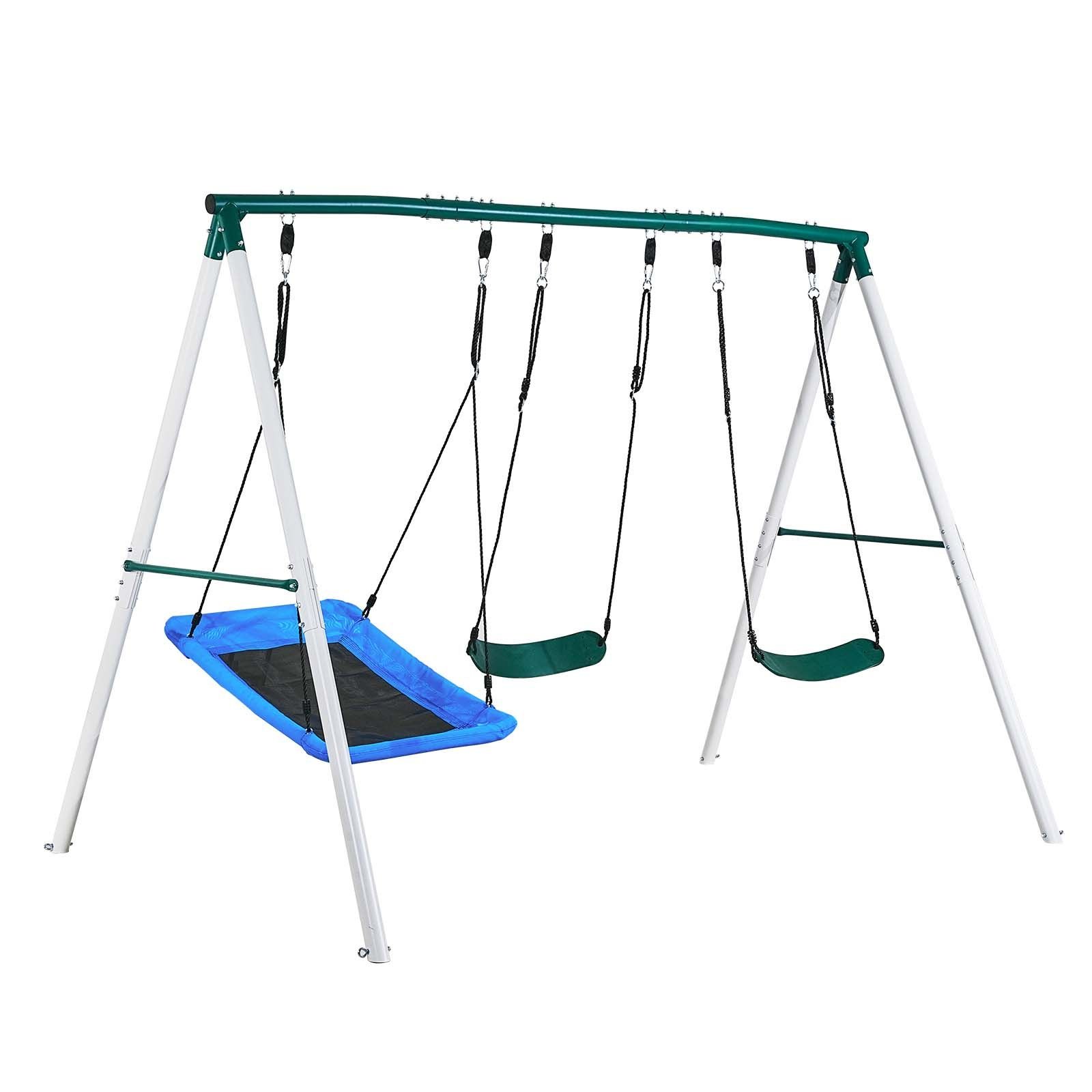 swing set for backyard, 45 x 30 in swing seat and two belt seats, with heavy duty a frame metal stand, 700 lbs load capacity, reinforced with spiral ground anchors, swingset outdoor for kids