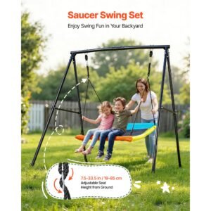 swing set for backyard, 60 x 32 in swing seat with heavy duty a frame metal stand, 440 lbs load capacity, reinforced with spiral ground anchors, swingset outdoor for kids, black and colorful