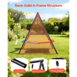 swing set for backyard, 60 x 32 in swing seat with heavy duty a frame metal stand, 440 lbs load capacity, reinforced with spiral ground anchors, swingset outdoor for kids, black and colorful