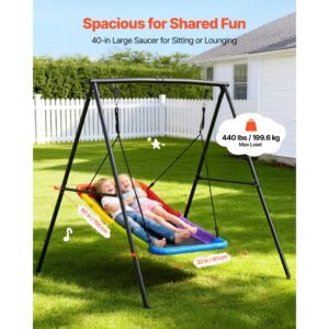 swing set for backyard, 60 x 32 in swing seat with heavy duty a frame metal stand, 440 lbs load capacity, reinforced with spiral ground anchors, swingset outdoor for kids, black and colorful