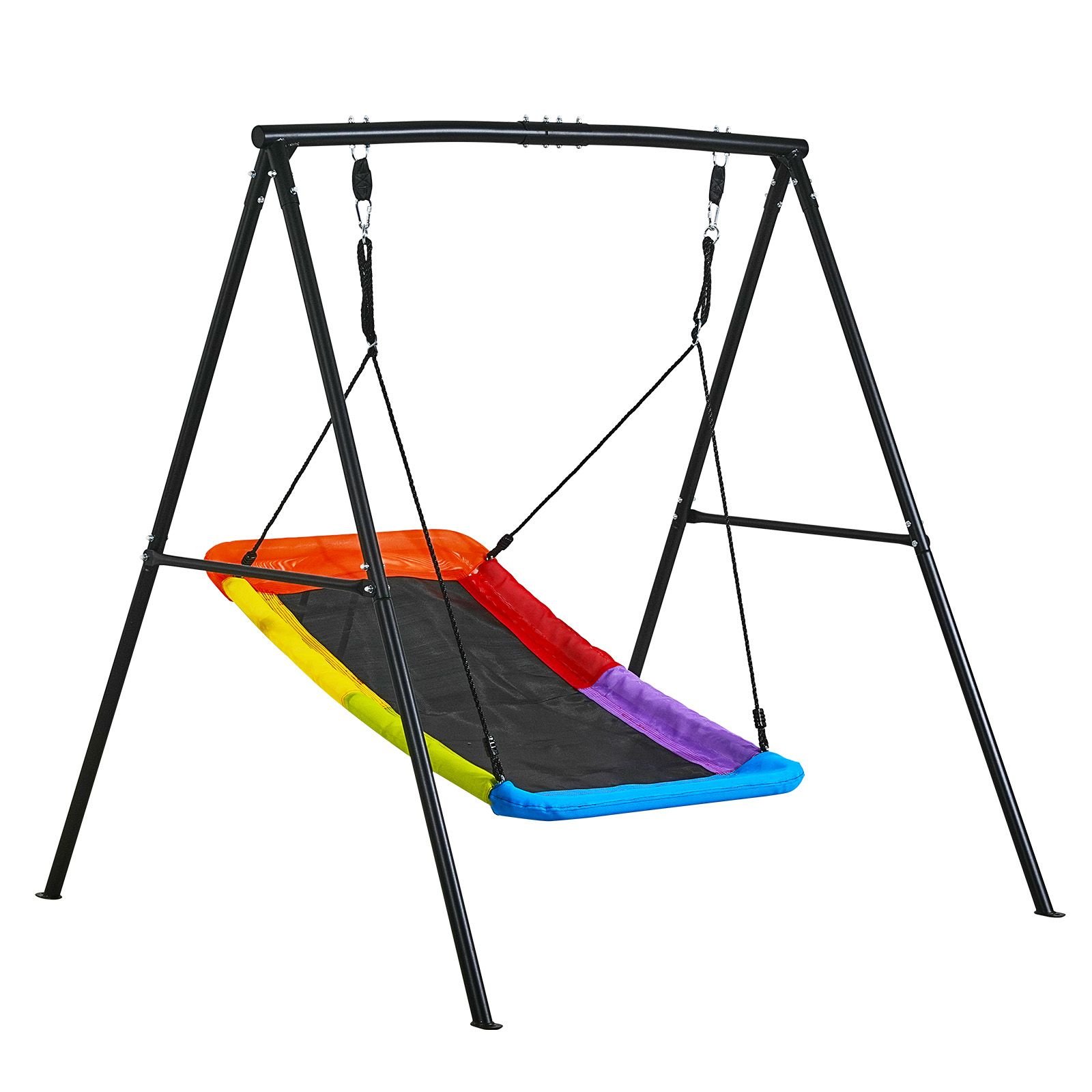 swing set for backyard, 60 x 32 in swing seat with heavy duty a frame metal stand, 440 lbs load capacity, reinforced with spiral ground anchors, swingset outdoor for kids, black and colorful