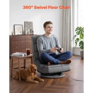 swivel floor gaming chair, 360 degree rotating floor chair with 4 adjustable position folding backrest, metal frame with recycled foam and linen fabric, for watching tv, reading, relaxing, gray