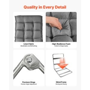 swivel floor gaming chair, 360 degree rotating floor chair with 4 adjustable position folding backrest, metal frame with recycled foam and linen fabric, for watching tv, reading, relaxing, gray