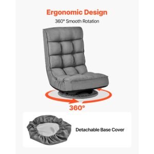 swivel floor gaming chair, 360 degree rotating floor chair with 4 adjustable position folding backrest, metal frame with recycled foam and linen fabric, for watching tv, reading, relaxing, gray