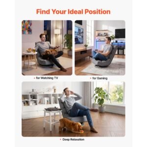 swivel floor gaming chair, 360 degree rotating floor chair with 4 adjustable position folding backrest, metal frame with recycled foam and linen fabric, for watching tv, reading, relaxing, gray
