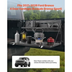 tailgate table, for 2021 2025 ford bronco, 88 lbs, carbon steel foldable molle panel double layer drop down table, rear door cargo storage rack shelf luggage holder carrier camping accessories
