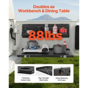 tailgate table, for 2021 2025 ford bronco, 88 lbs, carbon steel foldable molle panel double layer drop down table, rear door cargo storage rack shelf luggage holder carrier camping accessories