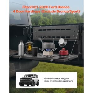 tailgate table, for 2021 2025 ford bronco, 88 lbs load capacity, carbon steel foldable molle panel drop down table, rear door cargo storage rack shelf luggage holder carrier camping accessories