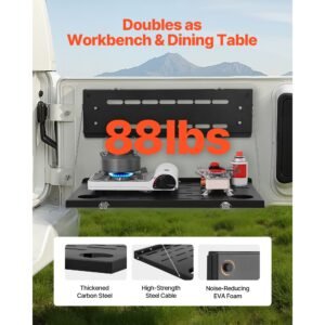 tailgate table, for 2021 2025 ford bronco, 88 lbs load capacity, carbon steel foldable molle panel drop down table, rear door cargo storage rack shelf luggage holder carrier camping accessories