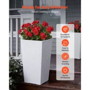 tall planters set of 2, 22 inch large outdoor taper planters for outdoor indoor plants, front porch plastic modern flower pots with casters, inner pot & drainage holes for patio, garden, white