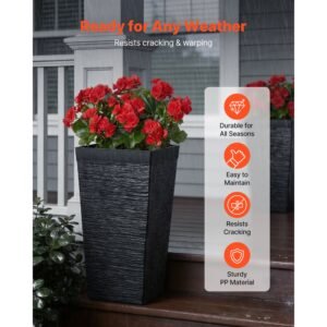 tall planters set of 2, 23 inch large outdoor taper planters for outdoor indoor plants, front porch plastic modern flower pots with casters, inner pot & drainage holes for patio, garden, black
