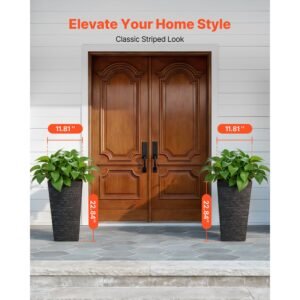 tall planters set of 2, 23 inch large outdoor taper planters for outdoor indoor plants, front porch plastic modern flower pots with casters, inner pot & drainage holes for patio, garden, black